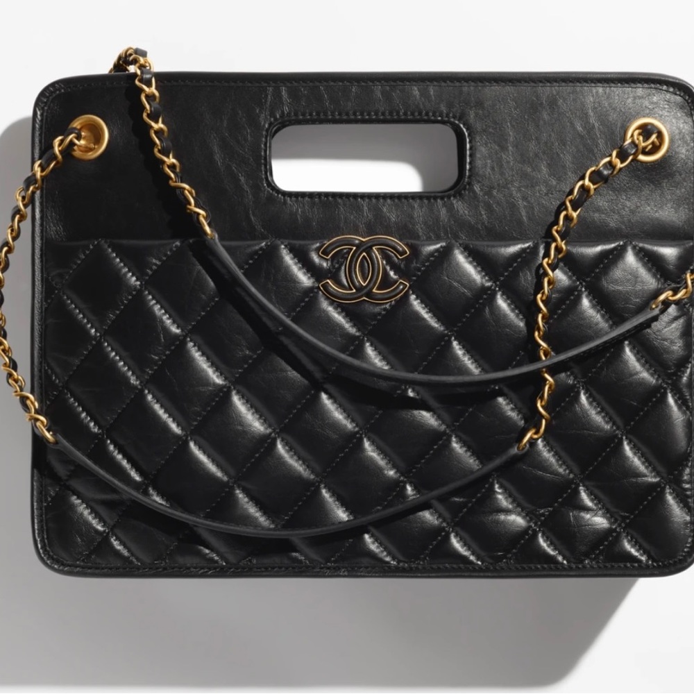 AUTH Chanel 23S Graphic Catch Cut Out Handle Small Shopping Tote Bag